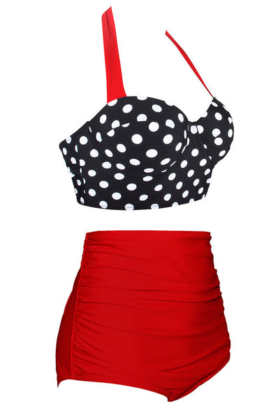 Red Vintage Halter Push Up Polka Dot High Waist Plus Size Bikini