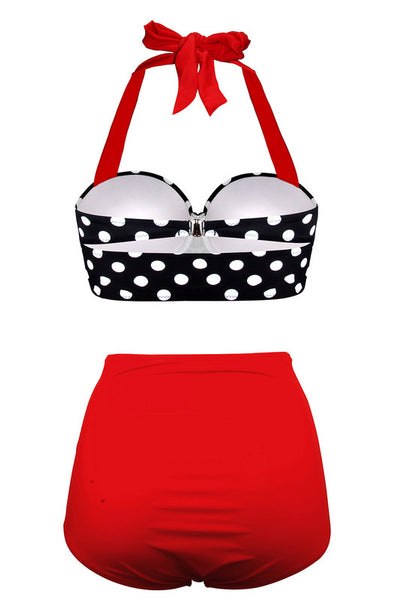 Red Vintage Halter Push Up Polka Dot High Waist Plus Size Bikini
