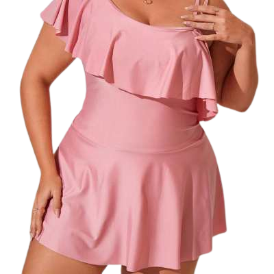 Light Pink Plus Ruffle Trim Asymmetrical Swim Dress With Bikini Bottom