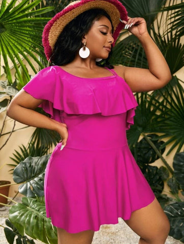 Pink Plus Ruffle Trim Asymmetrical Swim Dress With Bikini Bottom