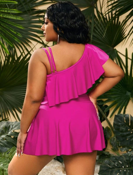 Pink Plus Ruffle Trim Asymmetrical Swim Dress With Bikini Bottom