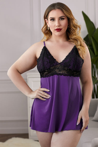 Purple Plus Size Dress Lace See-through Chemise with Thong