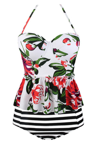 Plus Size White 2pcs Floral Print Flounce Tankini Swimsuit
