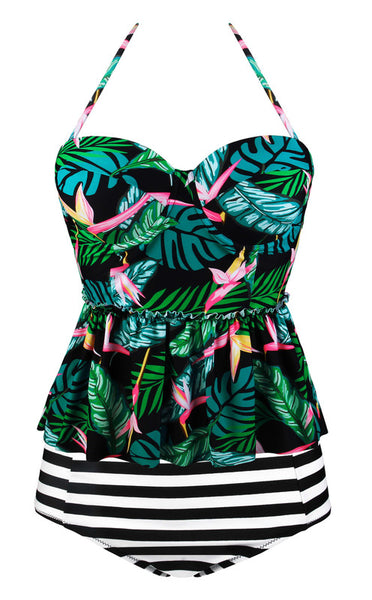 Plus Size Black 2pcs Floral Print Flounce Tankini Swimsuit


