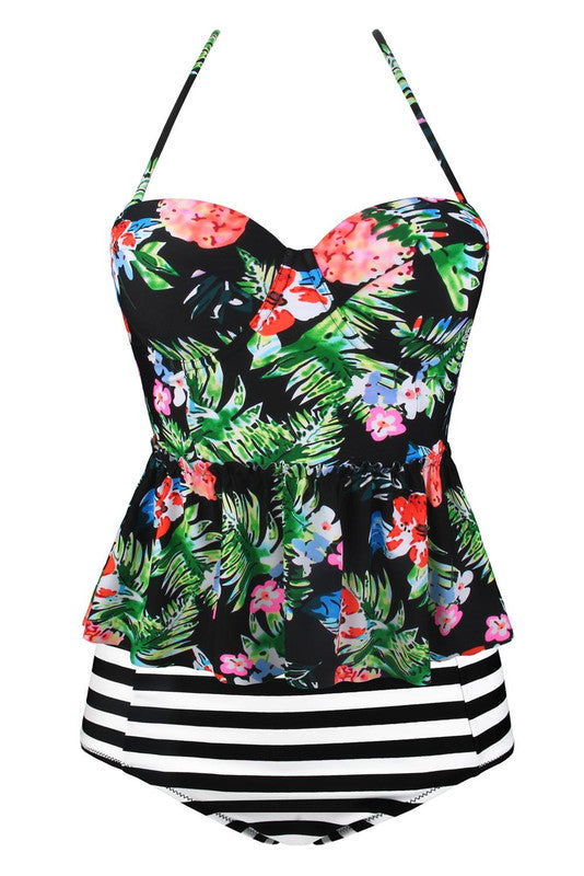 Plus Size Multicolor 2pcs Floral Print Flounce Tankini Swimsuit

