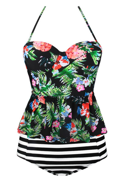 Plus Size Multicolor 2pcs Floral Print Flounce Tankini Swimsuit