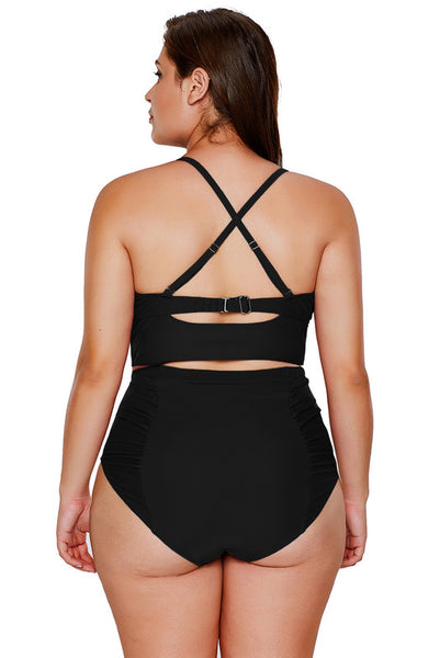 Plus Size Black Strappy Neck Detail High Waist Swimsuit