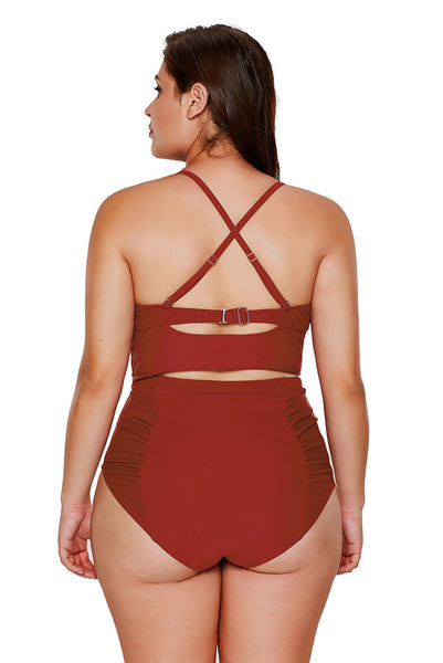 Plus Size Red Strappy Neck Detail High Waist Swimsuit