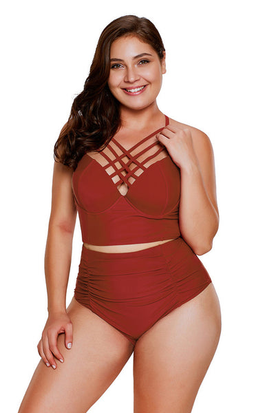 Plus Size Red Strappy Neck Detail High Waist Swimsuit
