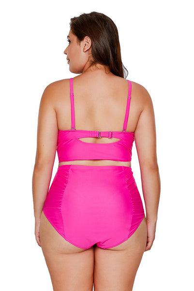 Plus Size Rosy Strappy Neck Detail High Waist Swimsuit