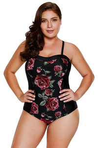 Plus Size Swimwear Blooming Rose Print Hourglass One Piece Swimsuit