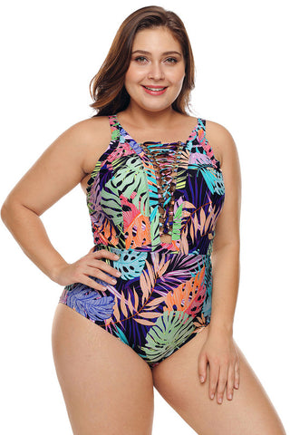 Plus Size Tropical Jungle Crisscross Plunge V Neck Maillot Swimwear