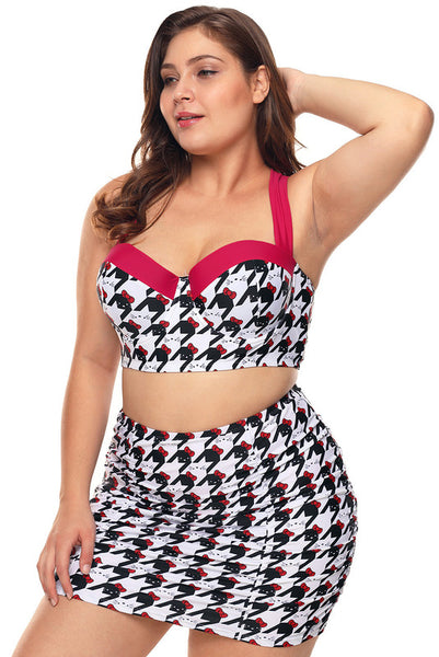 Black White Kitty Print Plus Size Bikini Top with Skirt Swimwear