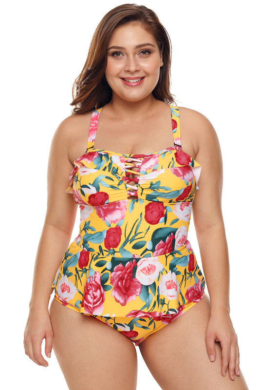 Plus Size Floral Print Crisscross Detail Teddy Swimsuit – Plus Curvves