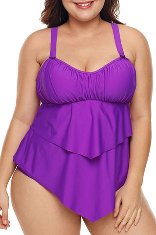 Plus Size Swimwear Purple Pleated Detail Plus Size Two Piece Swimsuit