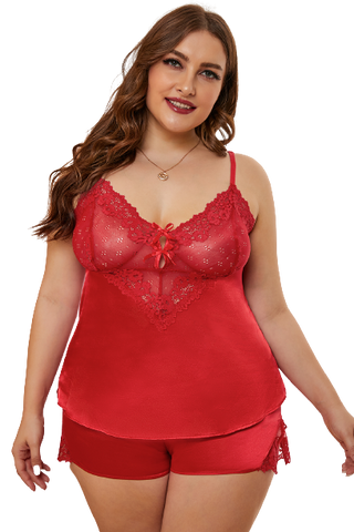 Plus Size Red Spot-Lace Cami Sleep Set 