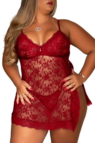 Red Sheer Floral Lace Plus Size Chemise