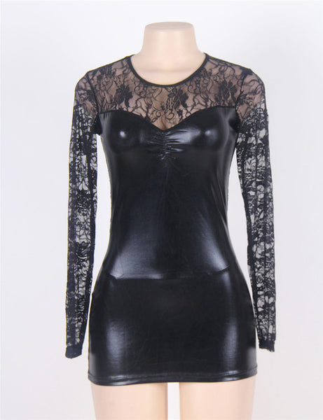 Plus Size Black Leather Short Bodysuit Dress