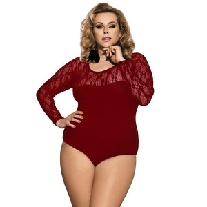 Long Sleeve Red Plus Size Openable Crotch Mesh Bodysuit
