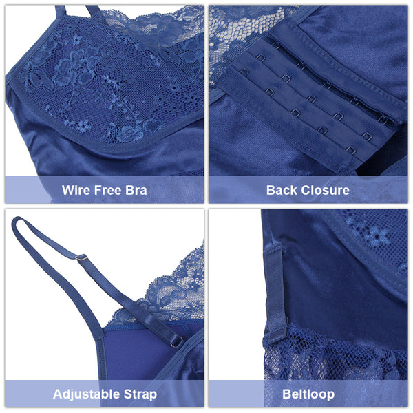 Plus Size Sleepwear With Thong Sexy Blue Eyelash Lace Chest Pad Nightdress