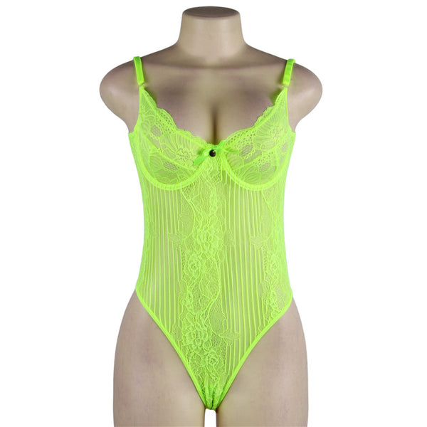 Plus Size Fluorescent Green Glamour Underwire Sheer Lace Teddy
