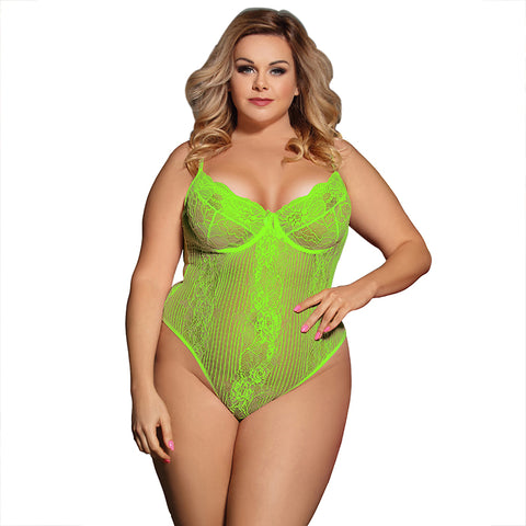 Plus Size Fluorescent Green Glamour Underwire Sheer Lace Teddy