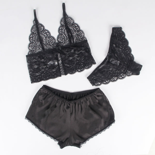 Sleepwear with Panties Sexy Silk Lace Camisole Black