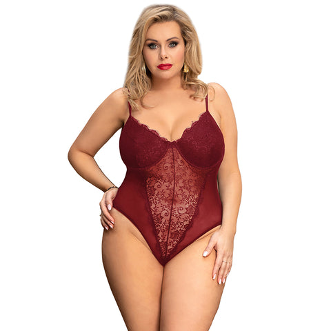 Plus Size Crotch Open Red Teddy With Underwire