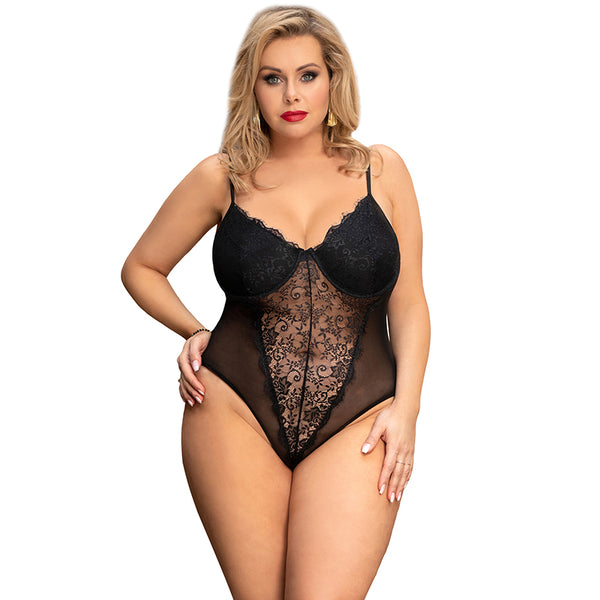 Plus Size Crotch Open Black Teddy With Underwire