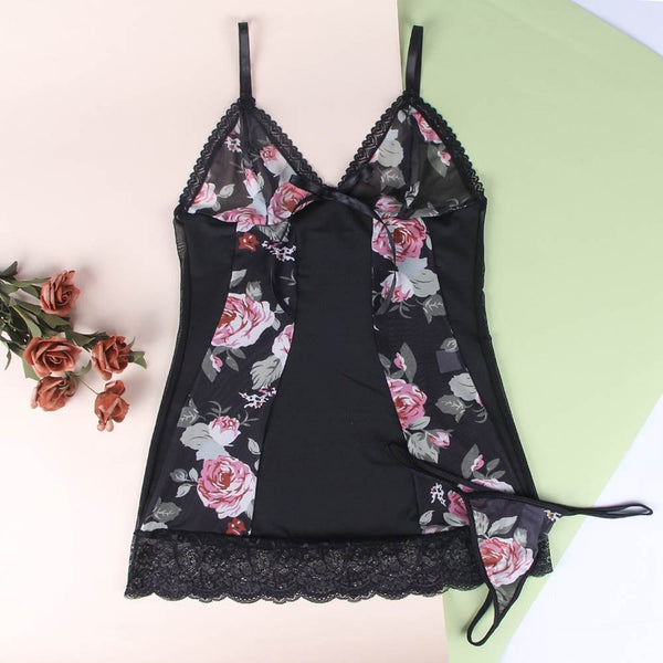 Plus Size Floral Print Lace-up Babydoll Without Underwire Black