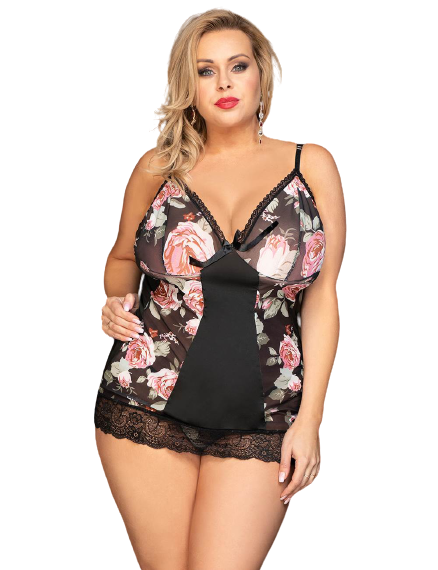 Plus Size Floral Print Lace-up Babydoll Without Underwire