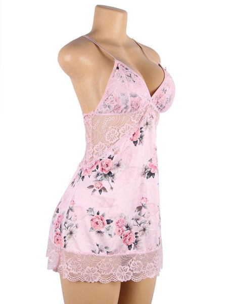 Plus Size Floral Print Lace-up Babydoll Without Underwire