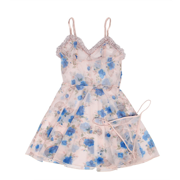 Blue Floral Transparent Sexy Babydoll with G string