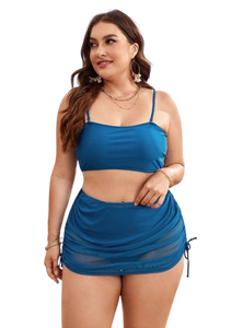 3 Piece Blue Plus High Waisted Bikini Swimsuit & Drawstring Cover Up