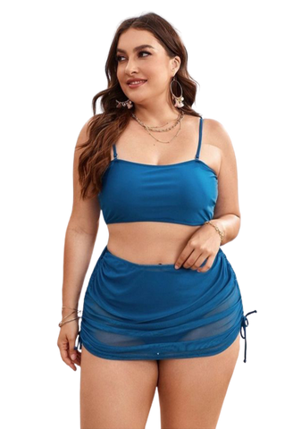 3 Piece Blue Plus High Waisted Bikini Swimsuit & Drawstring Cover Up