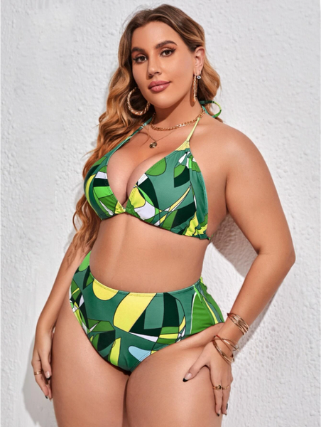 3pack Plus Print Bikini Swimsuit & Cover Up Green