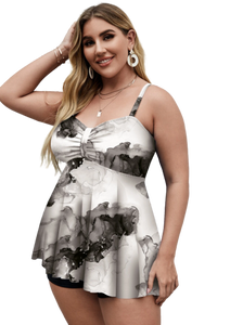 Plus Size Floral Print Swim Dress With Shorts Marble Cream