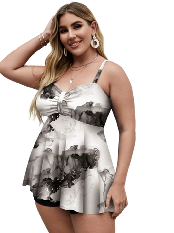 Plus Size Floral Print Swim Dress With Shorts Marble Cream