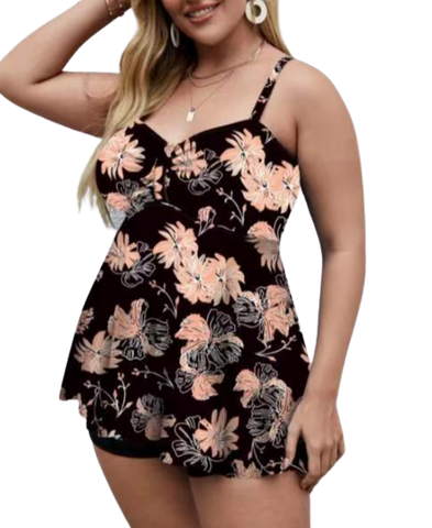 Plus Size Floral Print Swim Dress With Shorts Multicolor