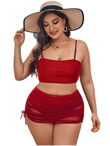 3 Piece Red Plus High Waisted Bikini Swimsuit & Drawstring Cover Up