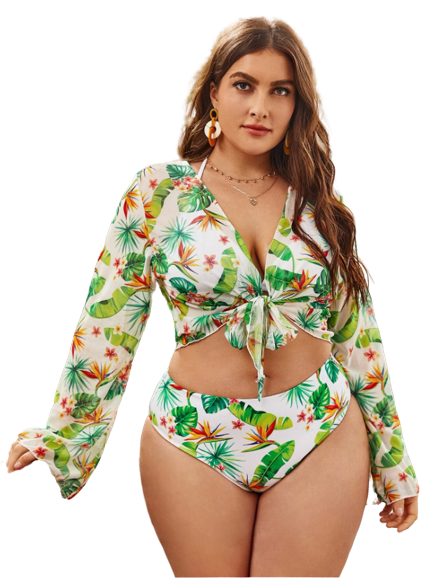 3pack Plus Tropical Halter Bikini Swimsuit & Kimono Green