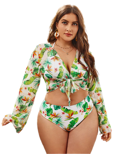 3pack Plus Tropical Halter Bikini Swimsuit & Kimono Green
