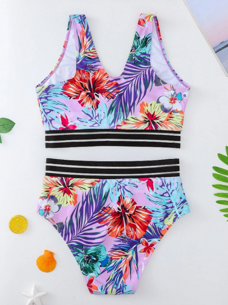 Plus Tropical Print Contrast Mesh Bikini Swimsuit