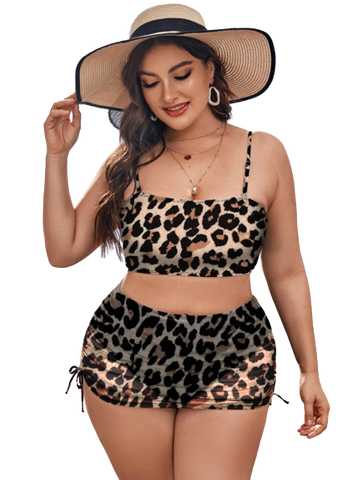 3 Piece Leopard Plus High Waisted Bikini Swimsuit & Drawstring Cover Up