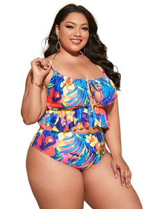 Plus Tropical Print Ruffle Hem Bikini Swimsuit