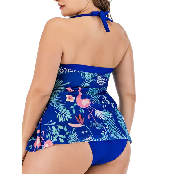 Plus Size Halter Neck Print Top Split Swimwear with Bottom Blue