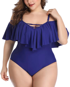 Plus Size Swimwear Blue Color Ruffled One-piece Set Off-the-shoulder