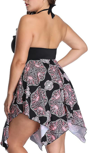 Plus Size Multicolor Color lace print two-piece half skirt swimsuit