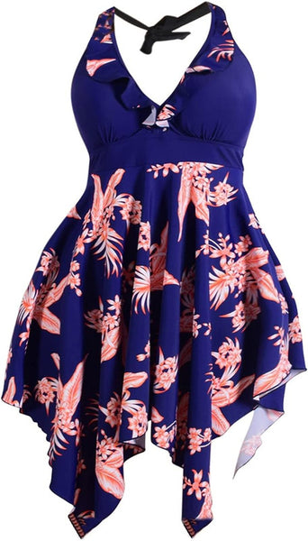 Plus Size Purple Color lace print two-piece half skirt swimsuit